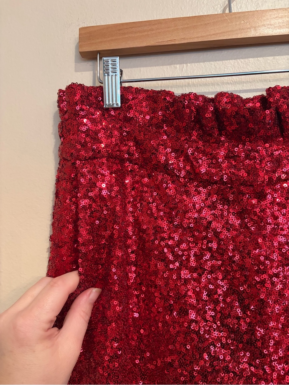 Jingle All The Way Red Sequin Party Track Pants, w/ Velvet Bows and High Waist - Picture 6 of 9